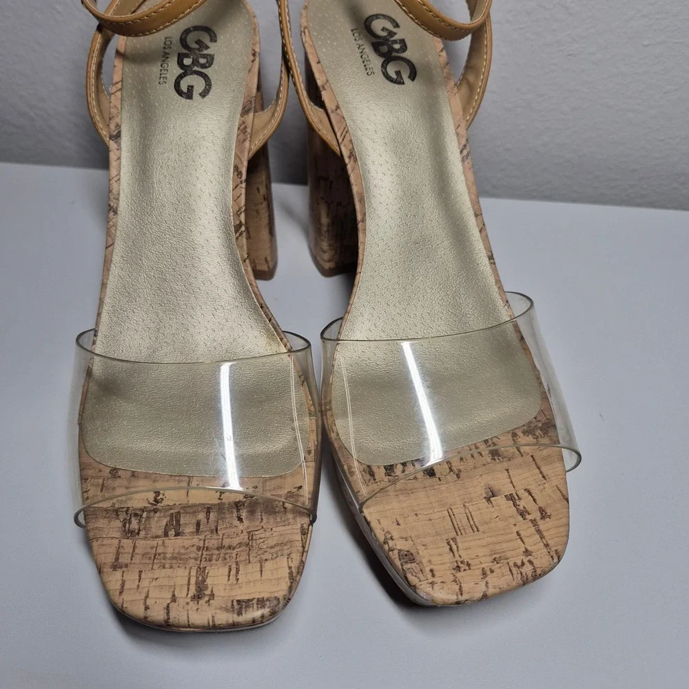 GBG Cork Platforms Acrylic Logo Ankle Strap 70s Vibes Vintage Aesthetic Bold 10M